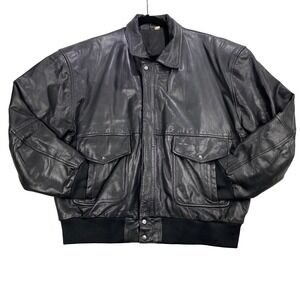 Mens XL Real Leather Bomber Jacket‎ Collared Ribbed Cuffs Classic Retro Style